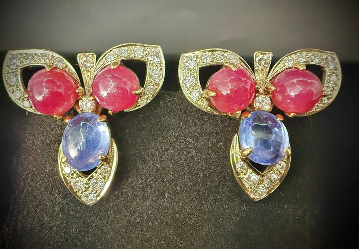 Boucles d'oreilles transformables en or 18 carats, rubis, saphirs et diamants 58 Facettes Boucles 1