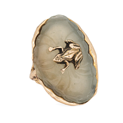 Bague 60 Bague cocktail grenouille sur nénuphar en or jaune 14 carats et agate 58 Facettes G14173
