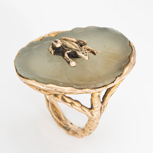 Bague 60 Bague cocktail grenouille sur nénuphar en or jaune 14 carats et agate 58 Facettes G14173