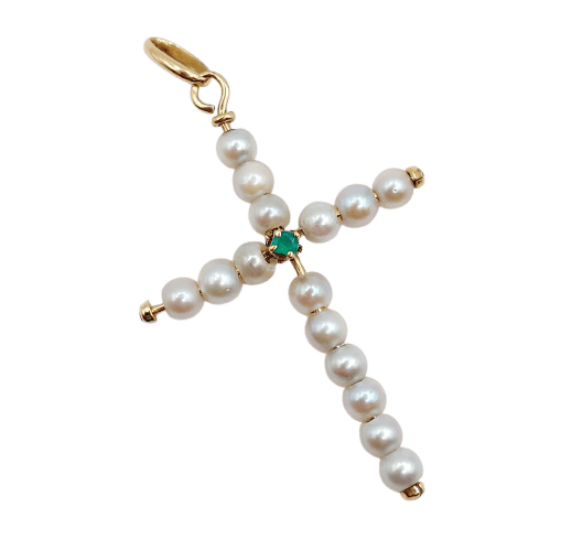 Pendentif croix vintage en or 18k, perles et émeraudes