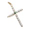 Pendentif croix vintage en or 18k, perles et émeraudes