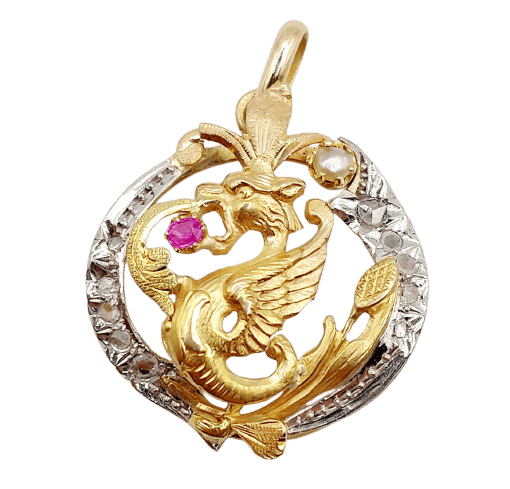 Pendentif chimère en or rose, platine, diamants, perle et rubis 58 Facettes A07495