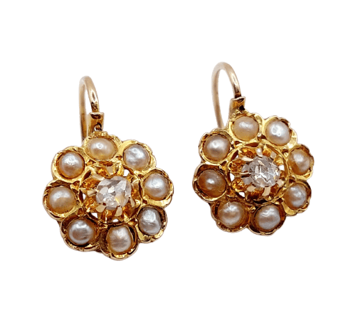 Dormeuses marguerite antiques en or rose 18k, diamants et perles 58 Facettes A07489