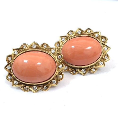 Boucles d'oreilles en or jaune 18 kt, corail rose et diamants 58 Facettes 442/26 E 246/26