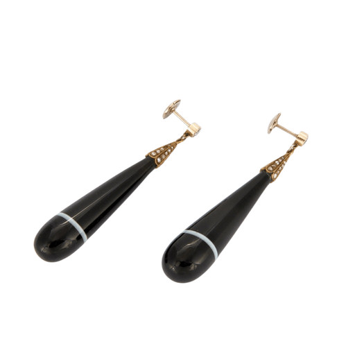 Boucles d'oreilles Boucles d'oreilles gouttes en or jaune, or gris, onyx et diamants 58 Facettes LOWO07-1