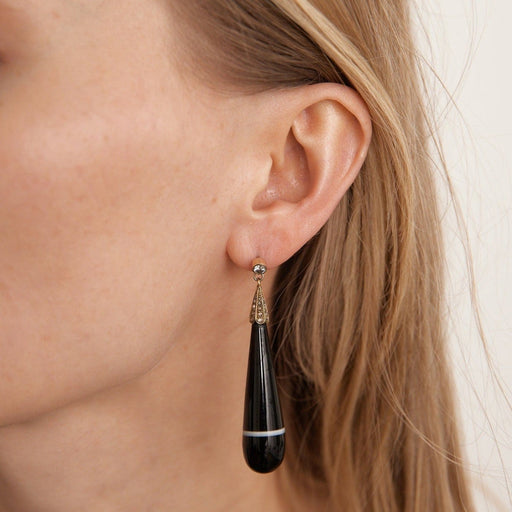 Boucles d'oreilles Boucles d'oreilles gouttes en or jaune, or gris, onyx et diamants 58 Facettes LOWO07-1