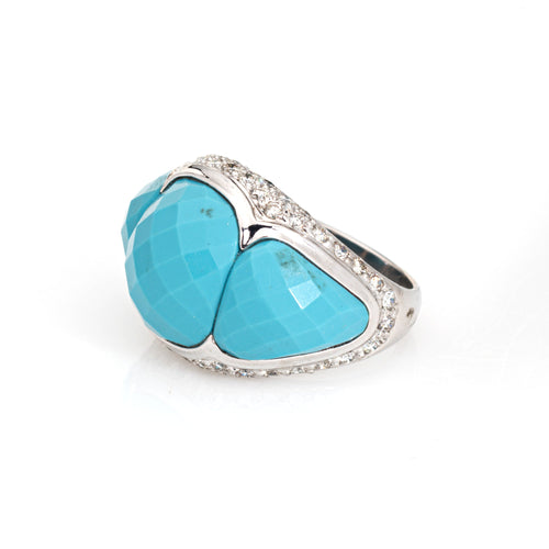 Bague 52 Bague dôme cocktail en or blanc 18 carats, turquoises et diamants 58 Facettes G13197