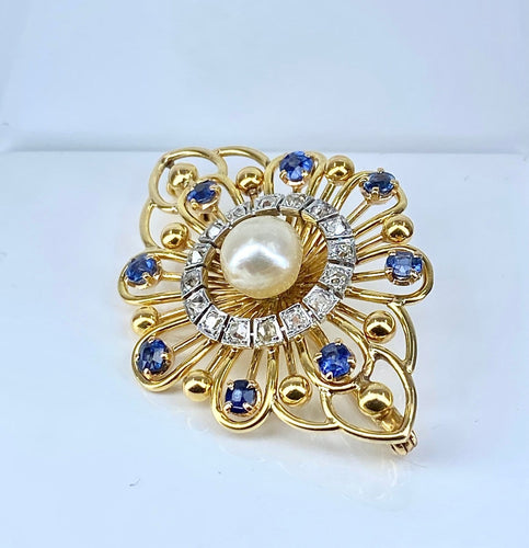 Broche en or jaune avec saphirs, diamants et perle 58 Facettes AB736