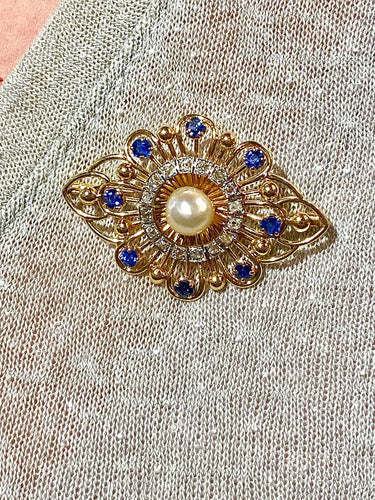 Broche en or jaune avec saphirs, diamants et perle 58 Facettes AB736