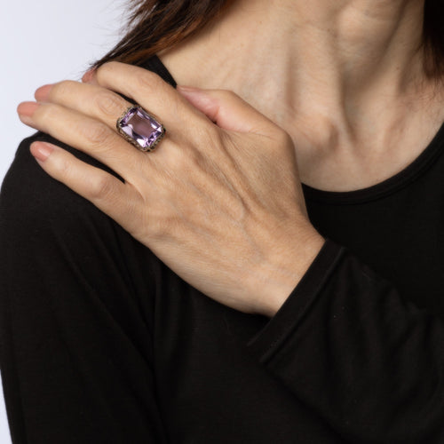 Bague 54 Art déco - Bague cocktail en or blanc 14 carats, améthyste et émail 58 Facettes G13475