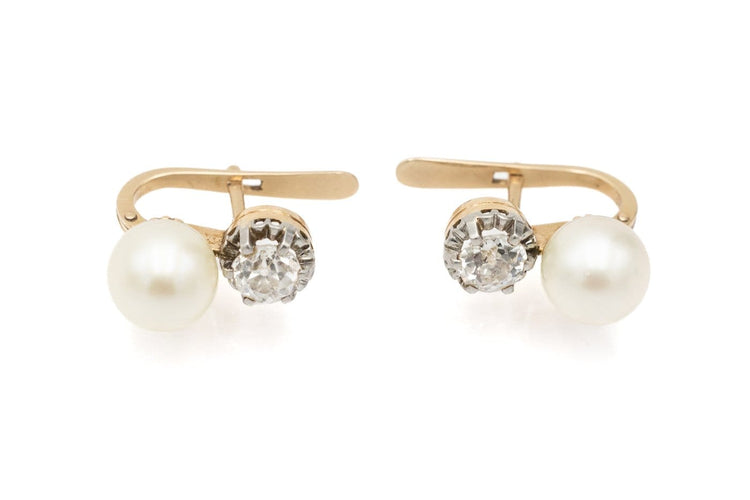 Boucles d'oreilles anciennes en or jaune, platine, diamants et perles 58 Facettes 13474