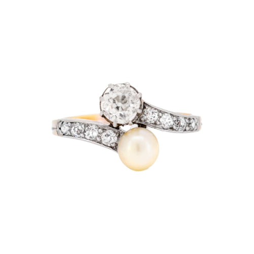 Bague 56 Belle Époque - Bague Toi et Moi en or jaune 18k, platine, diamants et perle 58 Facettes RI-1023
