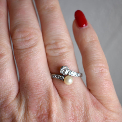 Bague 56 Belle Époque - Bague Toi et Moi en or jaune 18k, platine, diamants et perle 58 Facettes RI-1023
