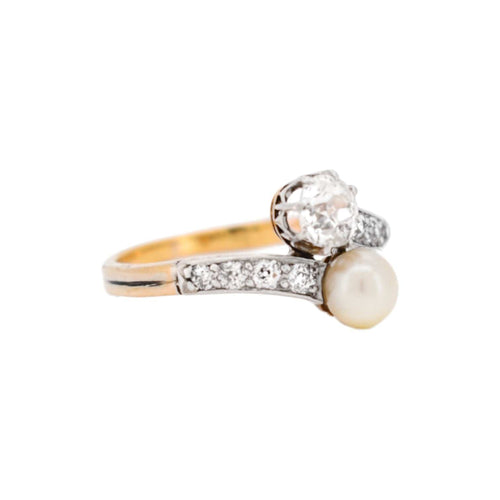Bague 56 Belle Époque - Bague Toi et Moi en or jaune 18k, platine, diamants et perle 58 Facettes RI-1023