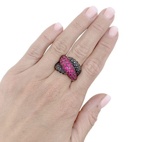 Bague 54 Damiani Gomitolo - Bague en or blanc, diamants noirs et rubis 58 Facettes 35870