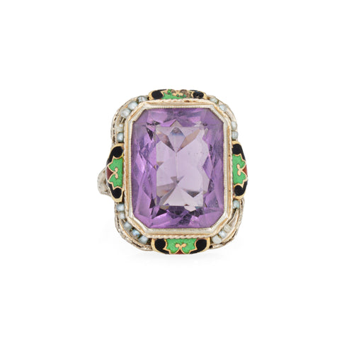 Bague 54 Art déco - Bague cocktail en or blanc 14 carats, améthyste et émail 58 Facettes G13574