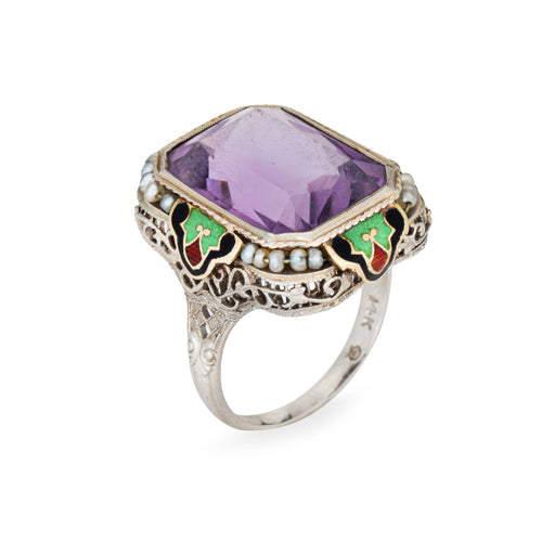 Bague 54 Art déco - Bague cocktail en or blanc 14 carats, améthyste et émail 58 Facettes G13574
