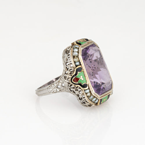 Bague 54 Art déco - Bague cocktail en or blanc 14 carats, améthyste et émail 58 Facettes G13574