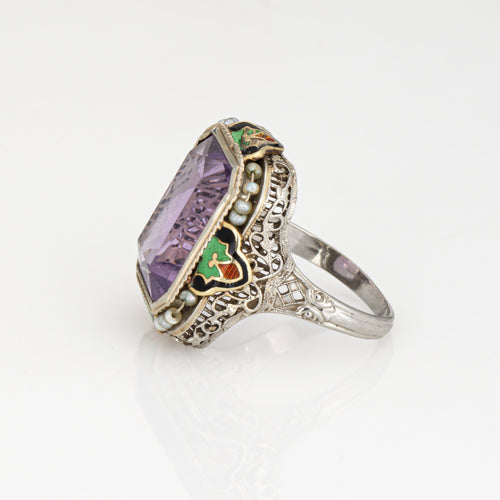 Bague 54 Art déco - Bague cocktail en or blanc 14 carats, améthyste et émail 58 Facettes G13574