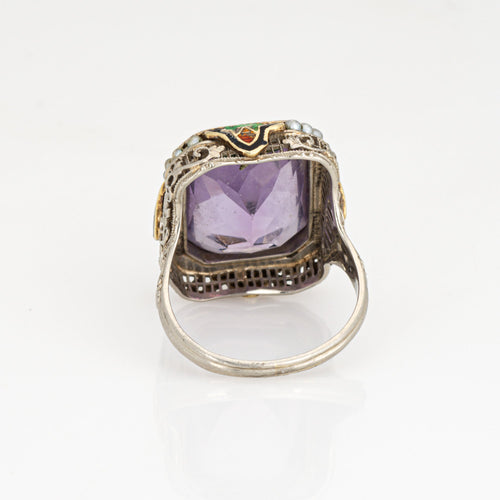 Bague 54 Art déco - Bague cocktail en or blanc 14 carats, améthyste et émail 58 Facettes G13574