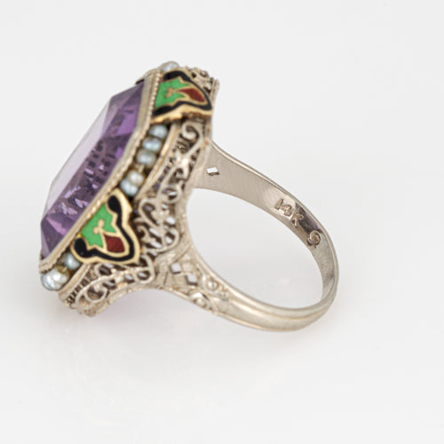 Bague 54 Art déco - Bague cocktail en or blanc 14 carats, améthyste et émail 58 Facettes G13574