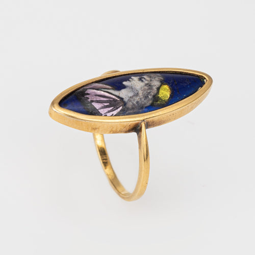 Bague 52 Art déco - Bague navette portrait en émail polychrome, or jaune 18 ct 58 Facettes G12812