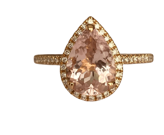 50 Bague halo en or rose 18K avec morganite poire et diamants 58 Facettes ring