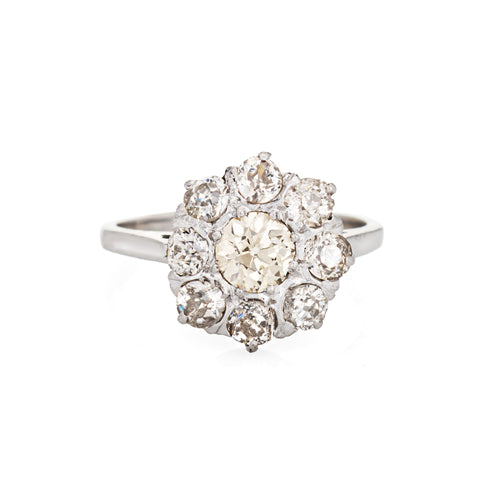 Bague 50 Art déco - Bague cluster halo en or blanc 14 carats et diamants 1,70 ct 58 Facettes G12656