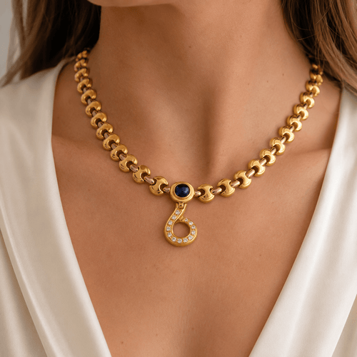 Collier vintage en or jaune 18 kt, diamants et saphir 58 Facettes CL143 (00439)