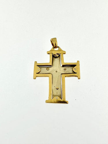 Crucifix portugais ancien en or jaune et blanc 19 carats 58 Facettes P1641D