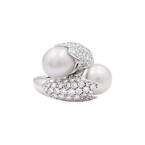 Bague 57 Toi & Moi - Bague en or blanc, perles et diamants 58 Facettes 35823