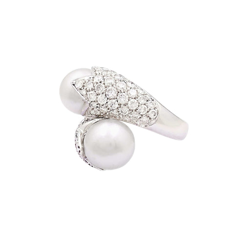 Bague 57 Toi & Moi - Bague en or blanc, perles et diamants 58 Facettes 35823