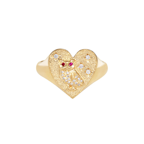 Bague 53 Bague chevalière hibou cœur en or jaune 14k, diamants et rubis 58 Facettes G13854