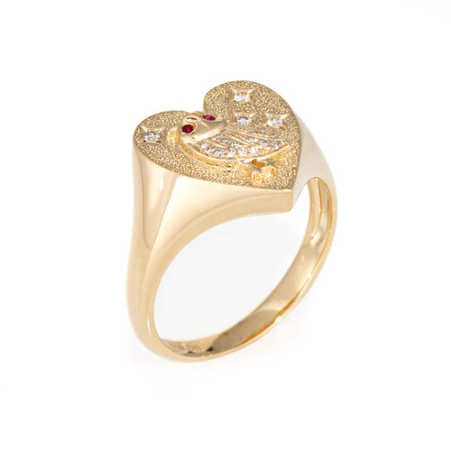 Bague 53 Bague chevalière hibou cœur en or jaune 14k, diamants et rubis 58 Facettes G13854