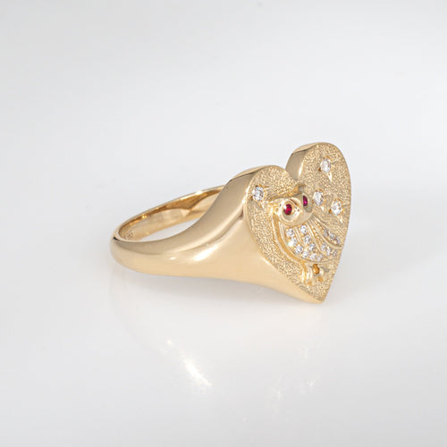 Bague 53 Bague chevalière hibou cœur en or jaune 14k, diamants et rubis 58 Facettes G13854