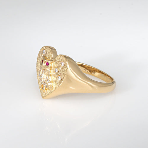 Bague 53 Bague chevalière hibou cœur en or jaune 14k, diamants et rubis 58 Facettes G13854