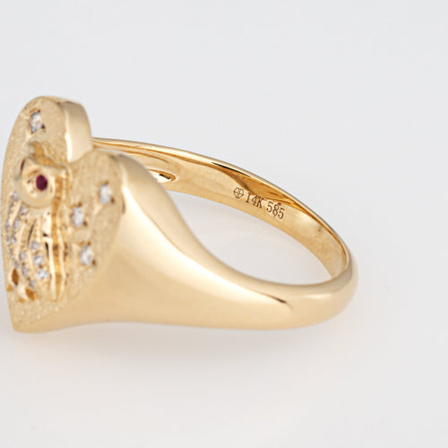 Bague 53 Bague chevalière hibou cœur en or jaune 14k, diamants et rubis 58 Facettes G13854