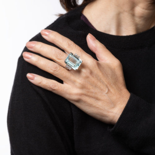 Bague 53 Bague cocktail aigue-marine 27 ct en or blanc 14k et diamants 58 Facettes G13870
