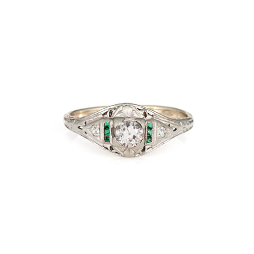 Bague 56 Art déco - Bague en or blanc 14k, diamants et émeraudes 58 Facettes G13877