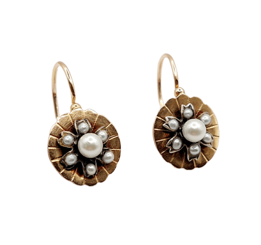 Dormeuses marguerite antiques en or rose 18k, argent et perles