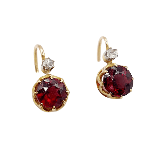 Dormeuses antiques - Boucles d'oreilles en or 18k, grenats et diamants