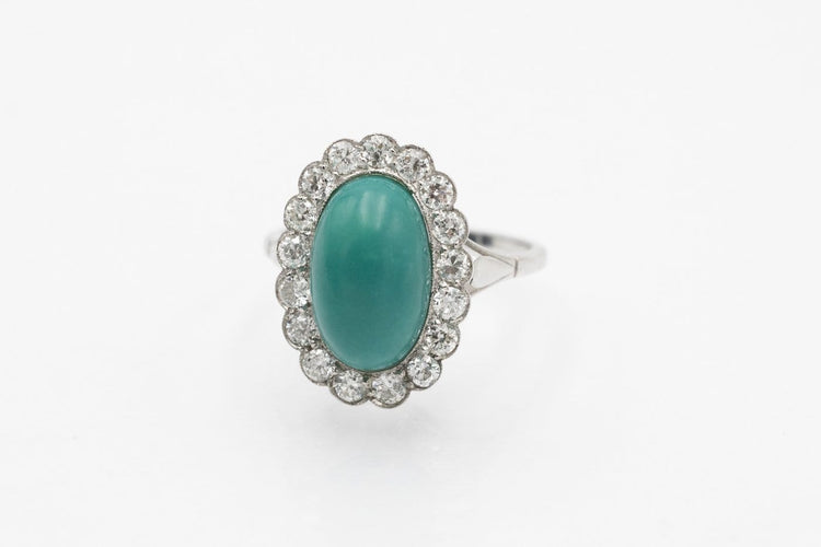 55 Bague ovale en platine avec turquoise et diamants 58 Facettes 12386A