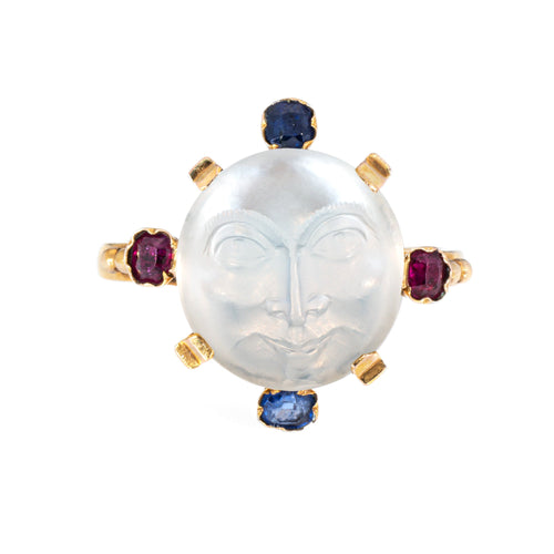 Bague 54 Bague victorienne « Man in the Moon » en or jaune 14k, pierre de lune 58 Facettes G13683