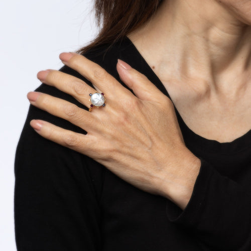 Bague 54 Bague victorienne « Man in the Moon » en or jaune 14k, pierre de lune 58 Facettes G13683