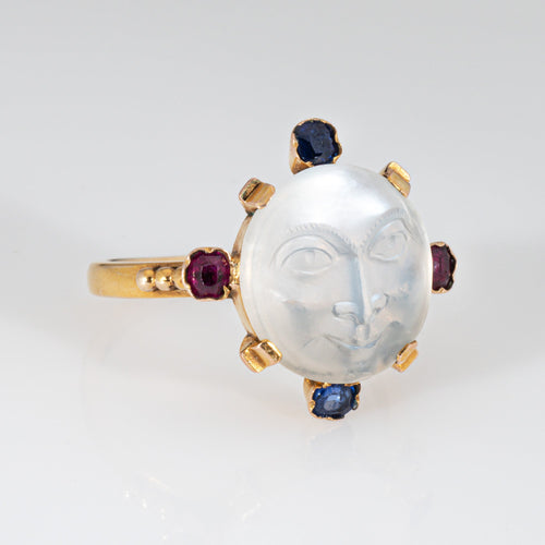 Bague 54 Bague victorienne « Man in the Moon » en or jaune 14k, pierre de lune 58 Facettes G13683