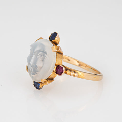 Bague 54 Bague victorienne « Man in the Moon » en or jaune 14k, pierre de lune 58 Facettes G13683