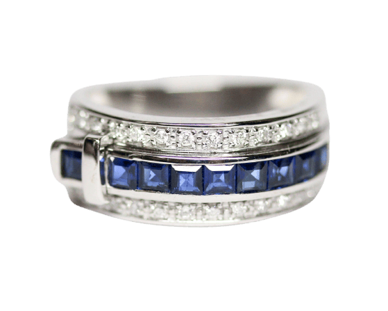 Bague 54 Guy Laroche - Bague bandeau « Ceinture » en or blanc 750, saphirs et diamants 58 Facettes C2259