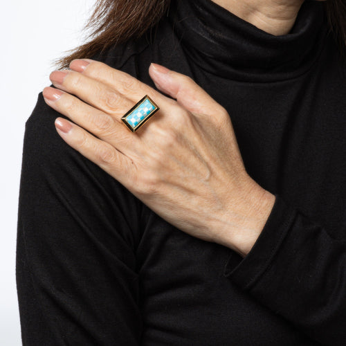 Bague 54 Bague cocktail damier turquoise et nacre en or jaune 18 carats 58 Facettes G13964