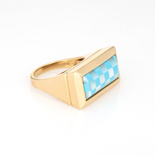Bague 54 Bague cocktail damier turquoise et nacre en or jaune 18 carats 58 Facettes G13964