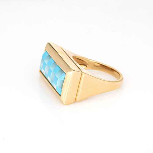 Bague 54 Bague cocktail damier turquoise et nacre en or jaune 18 carats 58 Facettes G13964